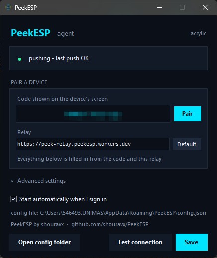 The PeekESP settings window on Windows: a status line reading pushing - last push OK, a field for the pairing code, and the relay address already filled in.